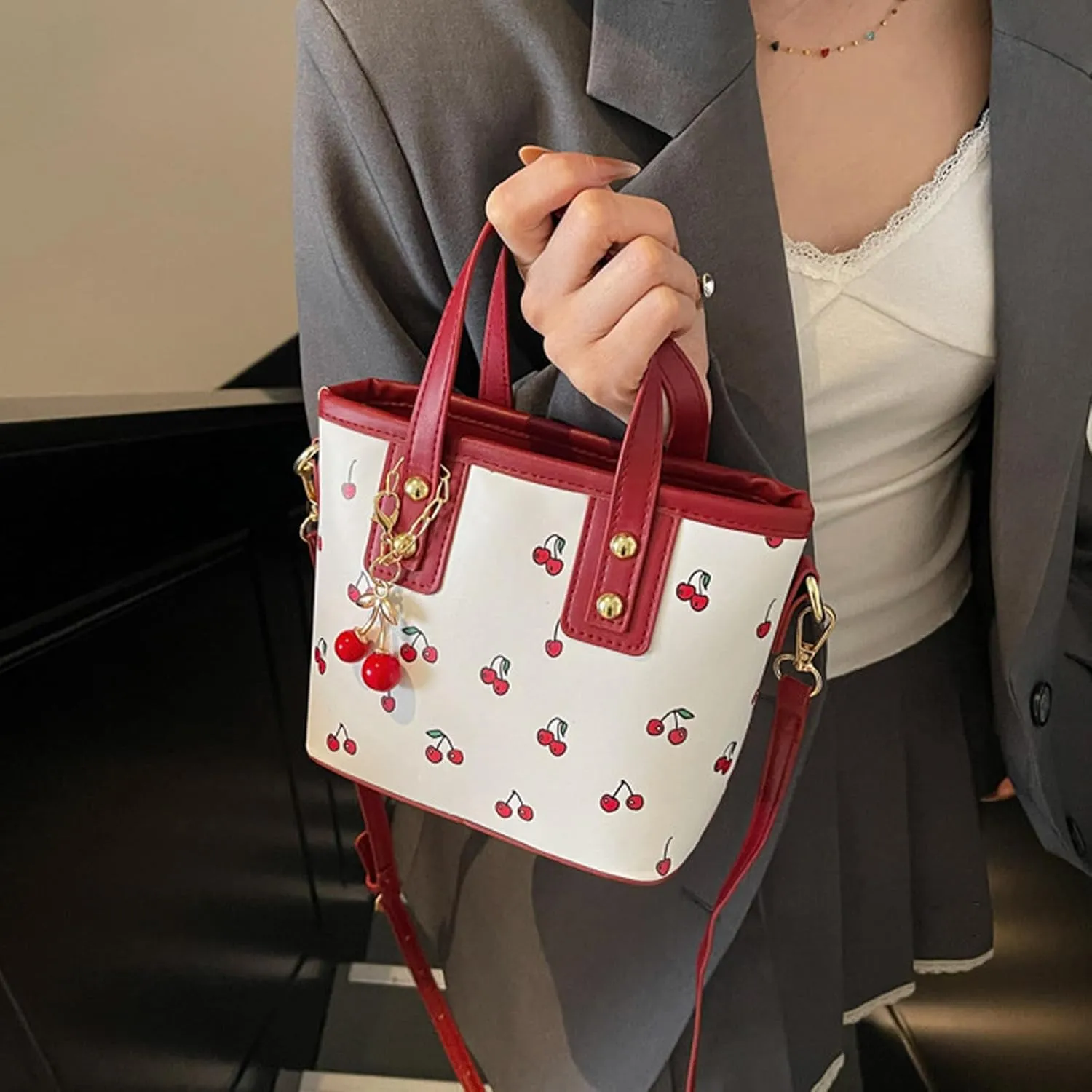 Women Bucket Bag Fruit Shoulder Bag PU Leather Handbag Aesthetic Crossbody Bag Simple Messengers Bag for Daily