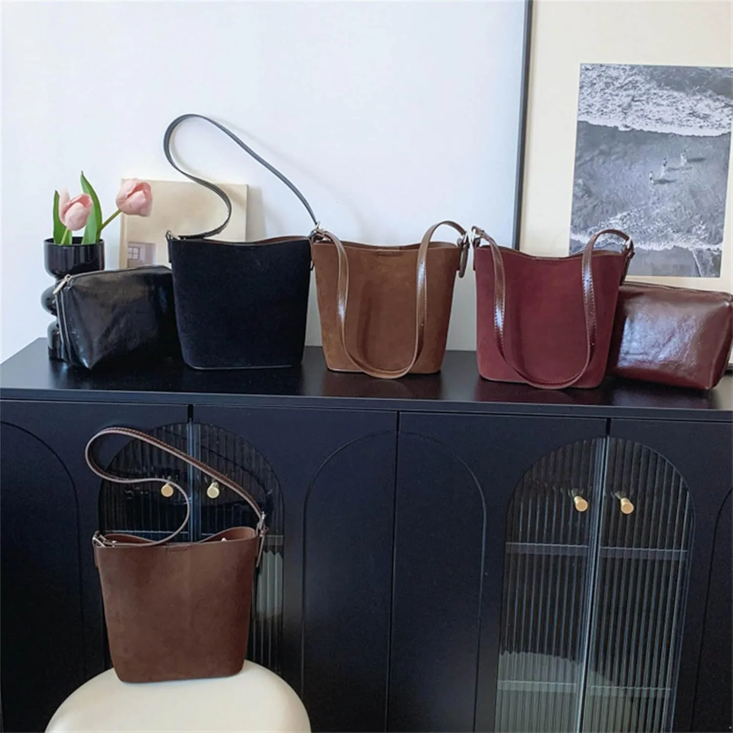 Women Bucket Bag Simple Shoulder Bag Autumn Winter Crossbody Bag PU Leather Messengers Bag Shopping Bag for Daily Travel Shoulder Bags