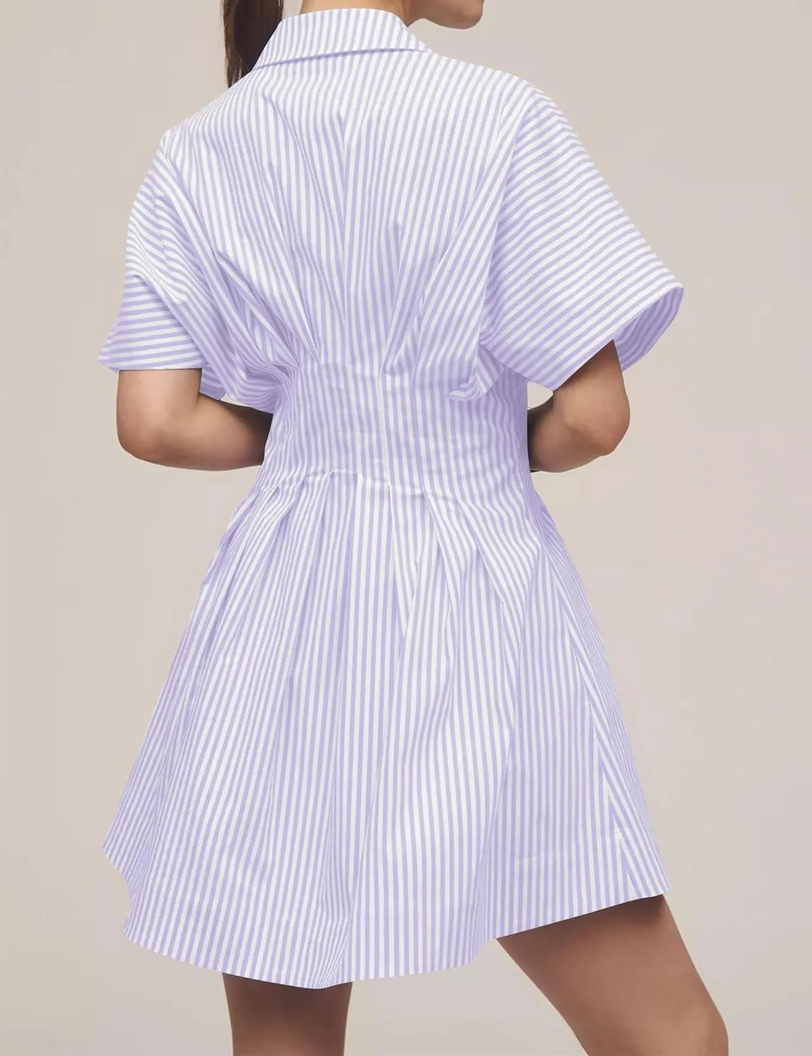 Women Button Front Pleated Stripe Shirt Dresses Summer Casual Short Sleeve Pleated Blouse Mini Dress