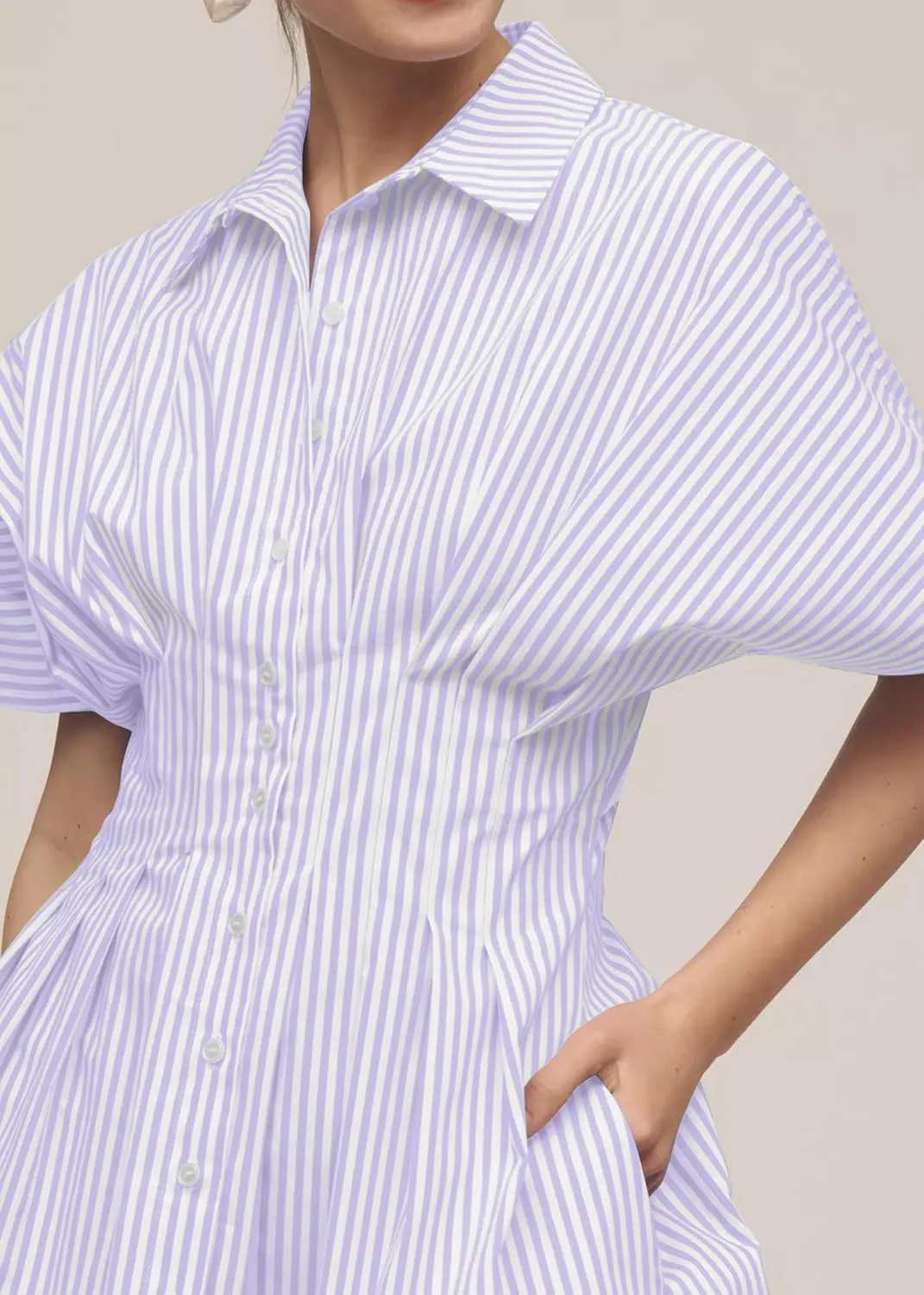 Women Button Front Pleated Stripe Shirt Dresses Summer Casual Short Sleeve Pleated Blouse Mini Dress