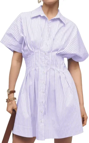 Women Button Front Pleated Stripe Shirt Dresses Summer Casual Short Sleeve Pleated Blouse Mini Dress