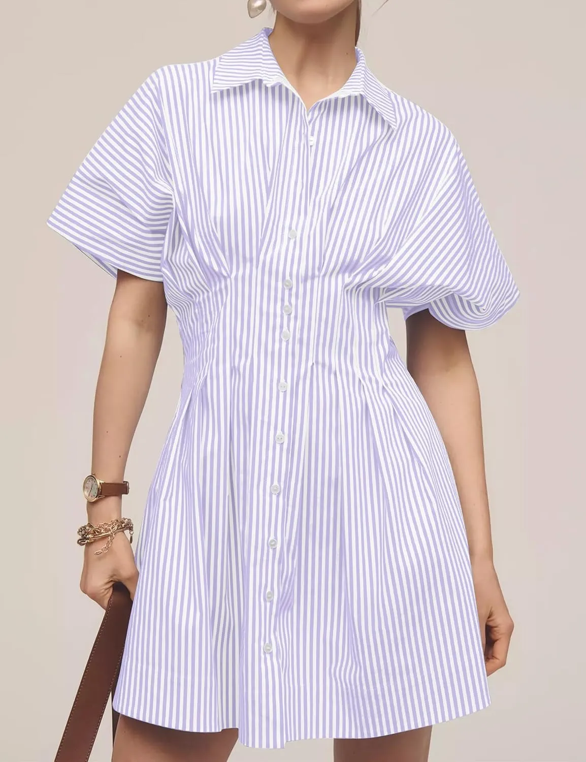Women Button Front Pleated Stripe Shirt Dresses Summer Casual Short Sleeve Pleated Blouse Mini Dress