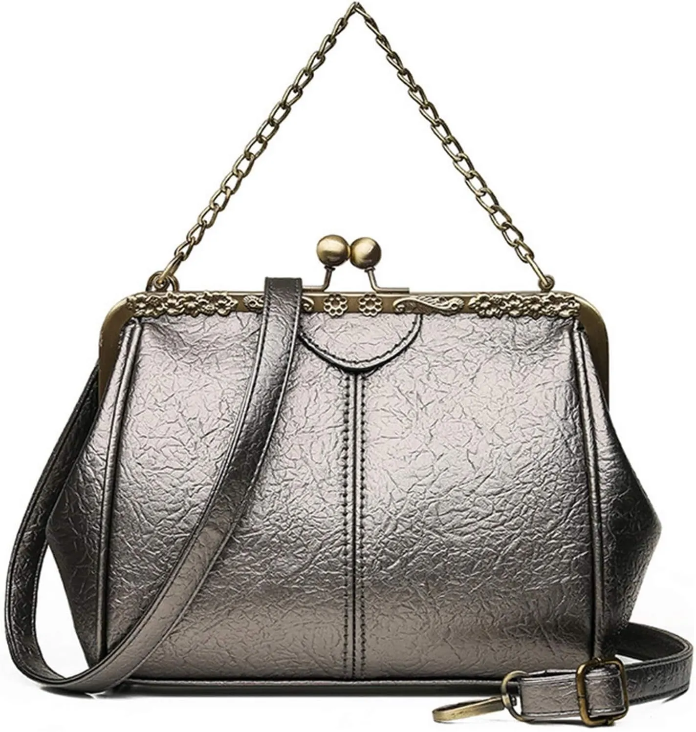 Women Crossbody Bags Small Retro Kiss Lock Handbag PU Leather Hobo Bags Hollow Tote Shoulder Satchels