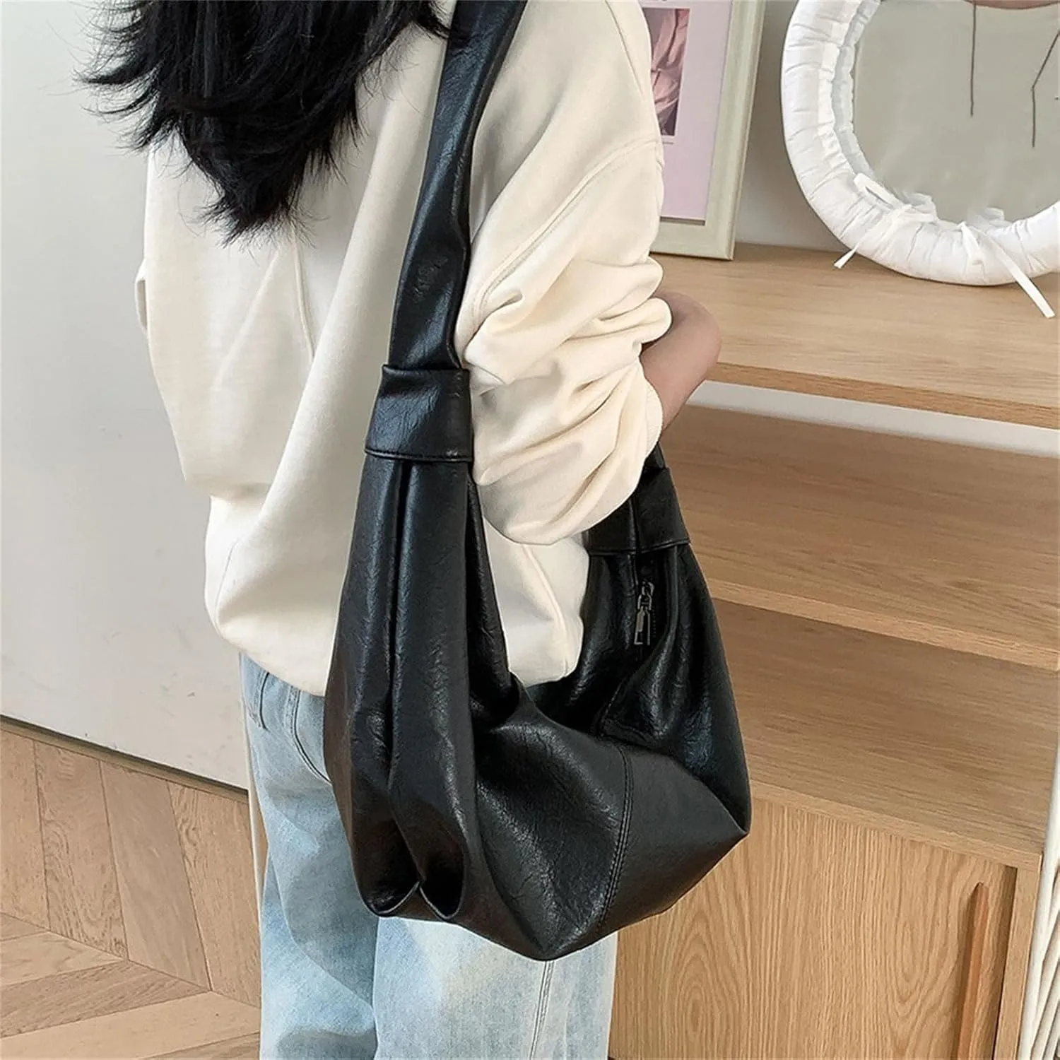 Women Dumplings Bag Large Capacity Shoulder Bag Pleated Crossbody Bag PU Leather Messenger Bag Top Handle Satchel