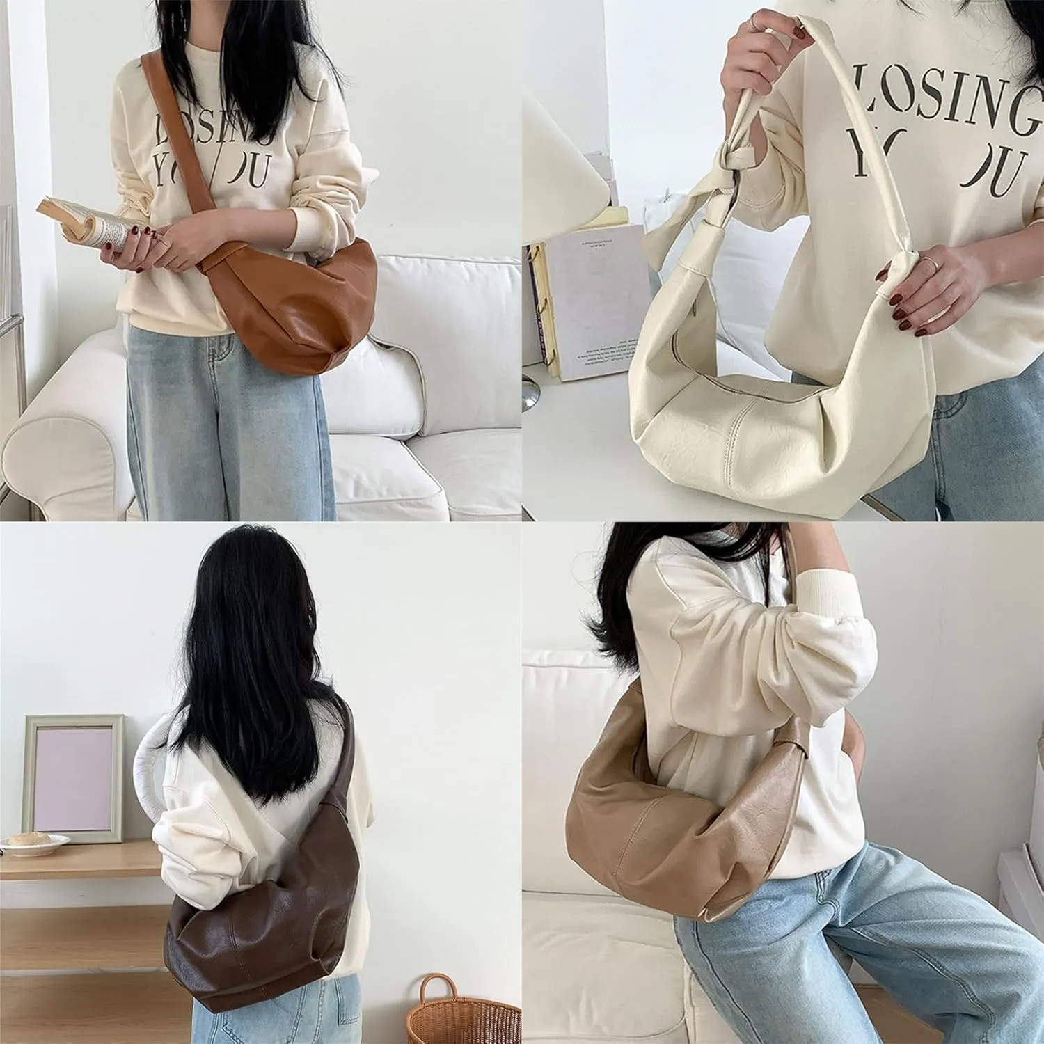 Women Dumplings Bag Large Capacity Shoulder Bag Pleated Crossbody Bag PU Leather Messenger Bag Top Handle Satchel