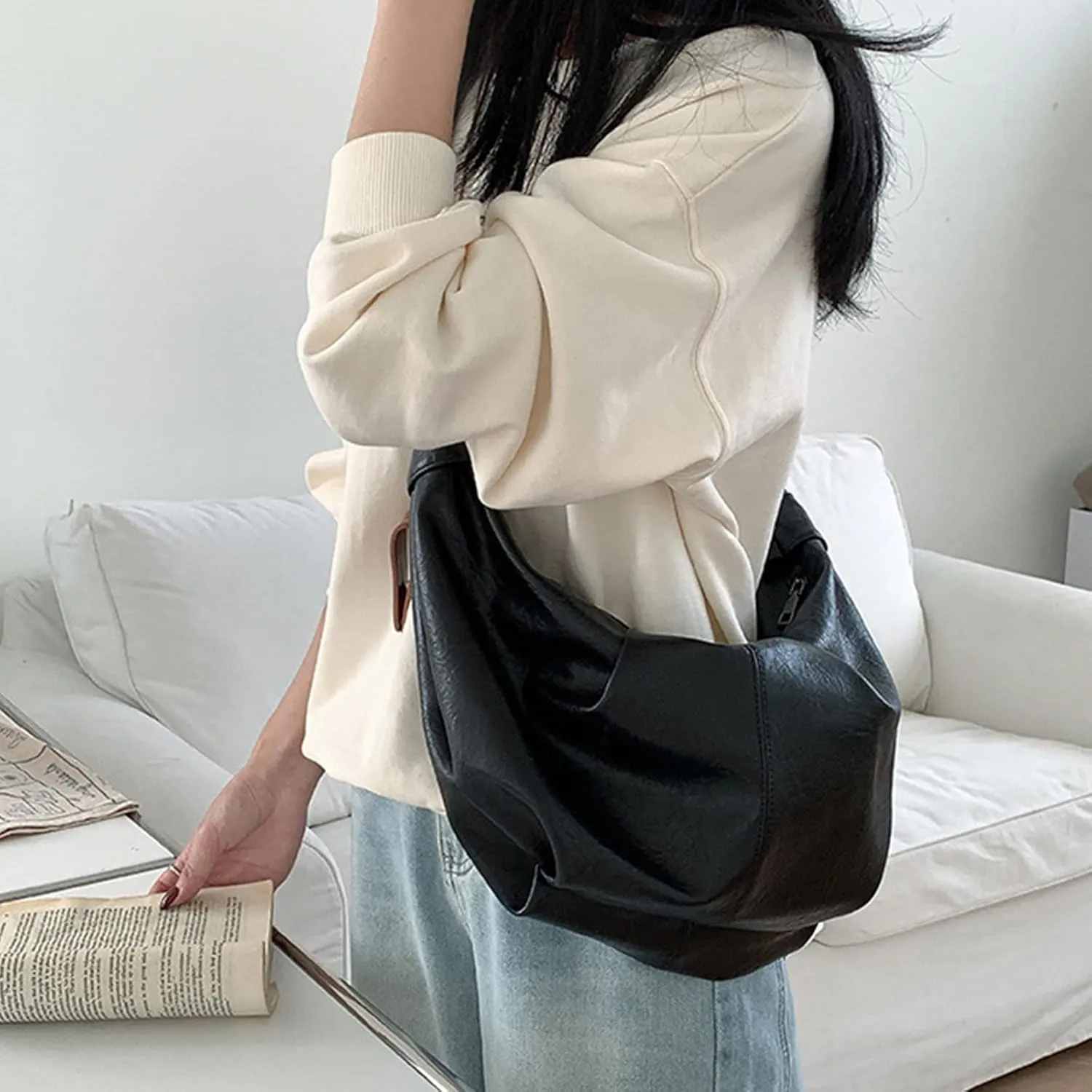 Women Dumplings Bag Large Capacity Shoulder Bag Pleated Crossbody Bag PU Leather Messengers Bag Top Handle Satchel