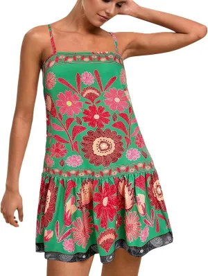 Women Floral Boho Flowy Mini Cami Dress Sleeveless Square Neck Ruffle Hem A Line Summer Vacation Beach Short Dress