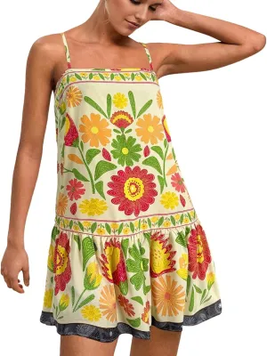 Women Floral Boho Flowy Mini Cami Dress Sleeveless Square Neck Ruffle Hem A Line Summer Vacation Beach Short Dress