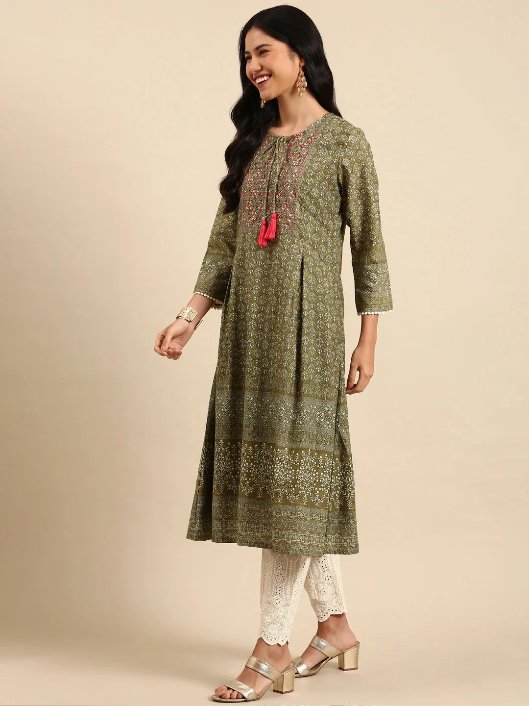 Women Graphic Olive A-Line Kurta Set