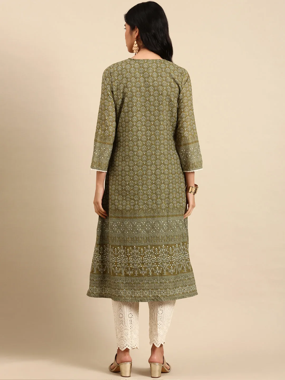 Women Graphic Olive A-Line Kurta Set