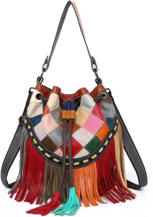 Women Large Multicolor Bucket Genuine Leather Shoulder Colorful Splicing Tote Handbag Purse Christmas Satchels, One Color, One Size