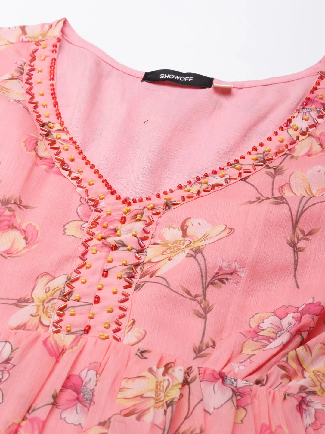 Women Peach Floral Empire Dress