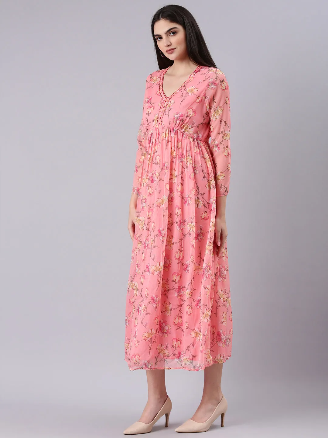 Women Peach Floral Empire Dress