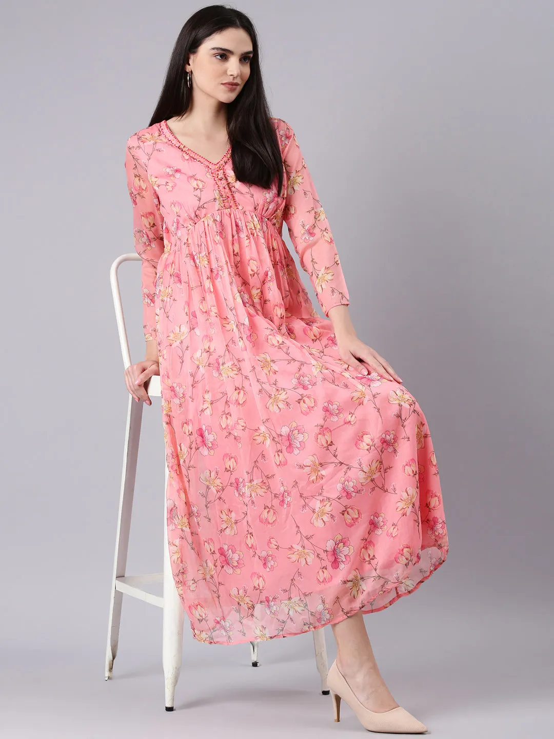 Women Peach Floral Empire Dress