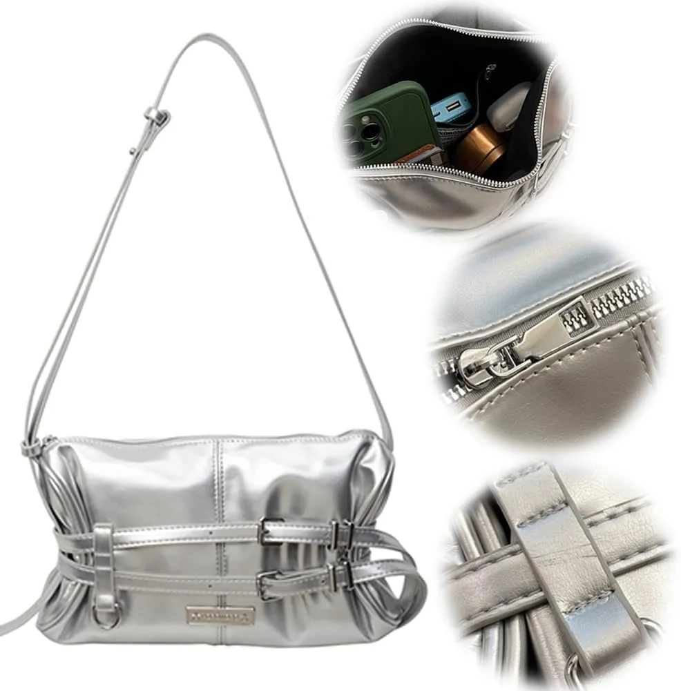Women Shoulder Bag Double Belted Strap PU Leather Crossbody Bag Solid Color Satchel Purse Zipper Clutch Purse Travel