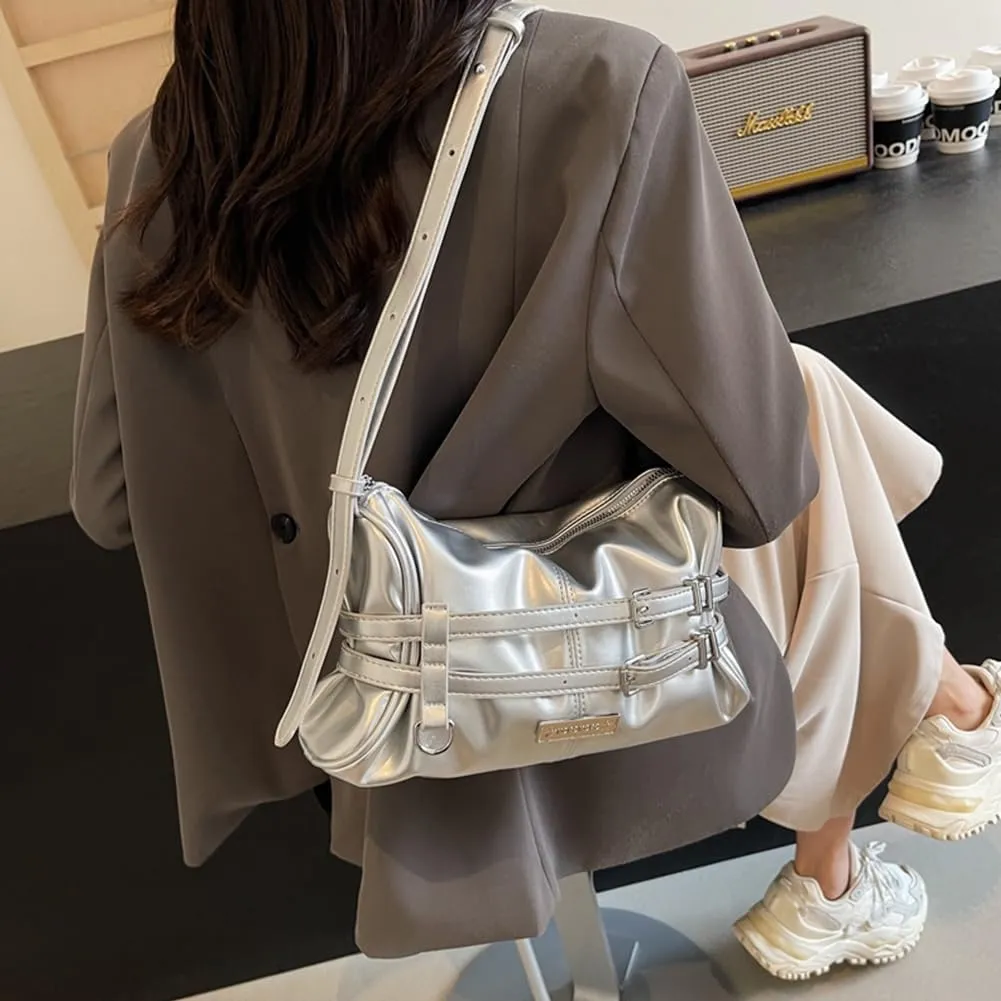Women Shoulder Bag Double Belted Strap PU Leather Crossbody Bag Solid Color Satchel Purse Zipper Clutch Purse Travel