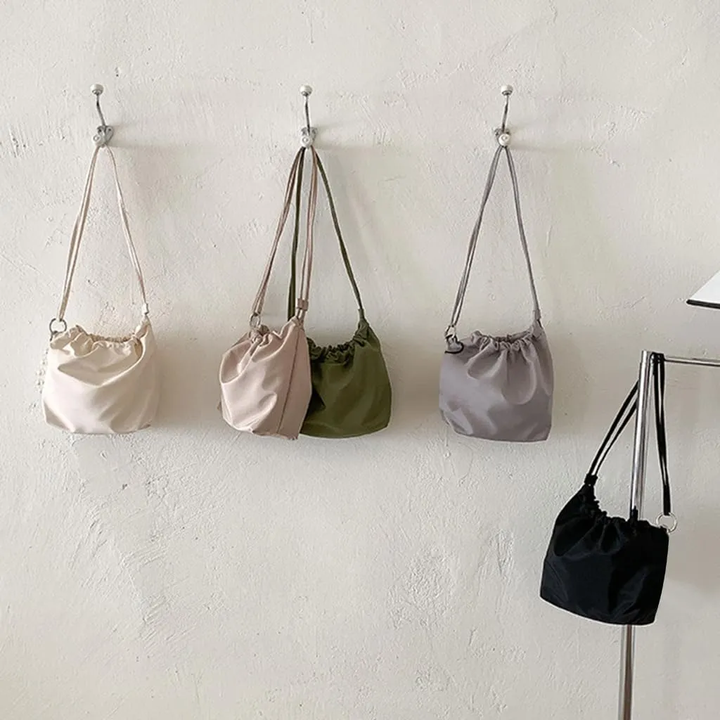 Women Shoulder Bag Pleated Bucket Bag Solid Color Crossbody Bag Korean Styles Messengers Bag Shopping Bag for Daily
