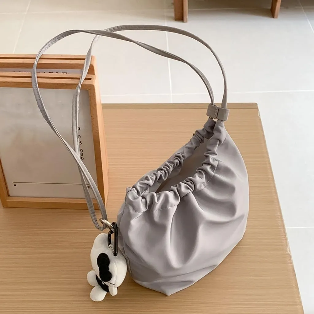 Women Shoulder Bag Pleated Bucket Bag Solid Color Crossbody Bag Korean Styles Messengers Bag Shopping Bag for Daily