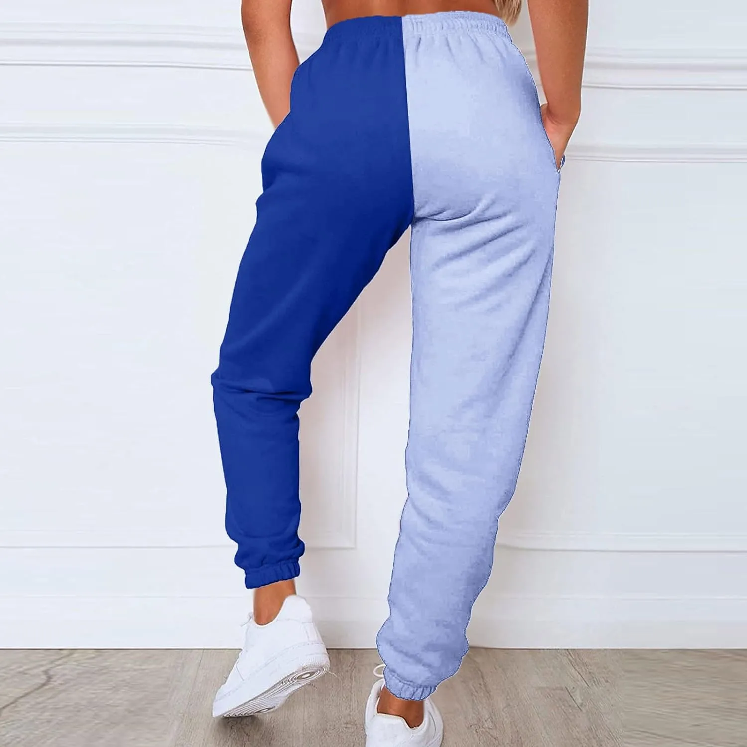 Women Sweatpant Casual Color Block Patchwork Trouser Elastic High Waist Drawstring Joggers Baggy Pants with Pockets
