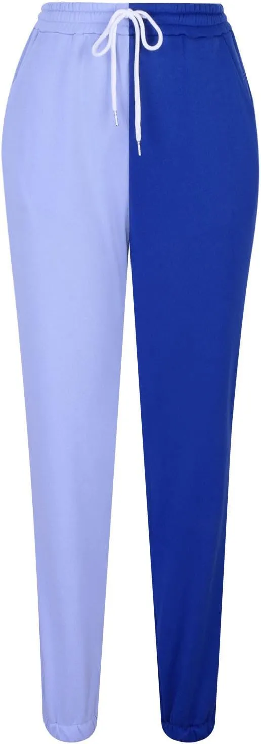 Women Sweatpant Casual Color Block Patchwork Trouser Elastic High Waist Drawstring Joggers Baggy Pants with Pockets