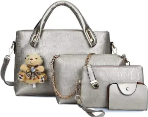 Women Tote Hobo Handbag Wallet Synthetic PU Leather Shouder Backpack 4pcs Set Clutch Purse Satchels with Bear Pendant