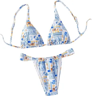 Women's 2 Piece Bathing Suit Graphic Boho Triangle Swimsuits Thong Cheeky Floral Bikini Set