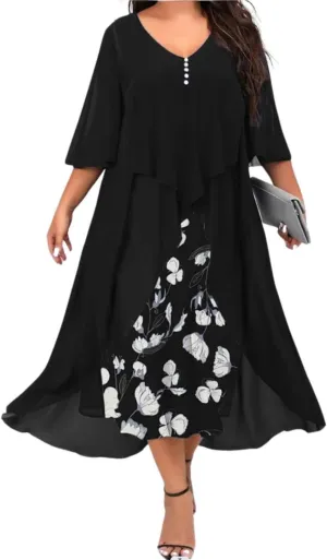 Women's 3/4 Sleeve Dating A Line Dress Business V Neck Sundress Sexy Loose Fit Midi Dress