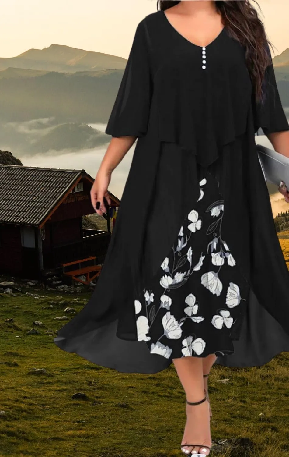 Women's 3/4 Sleeve Dating A Line Dress Business V Neck Sundress Sexy Loose Fit Midi Dress