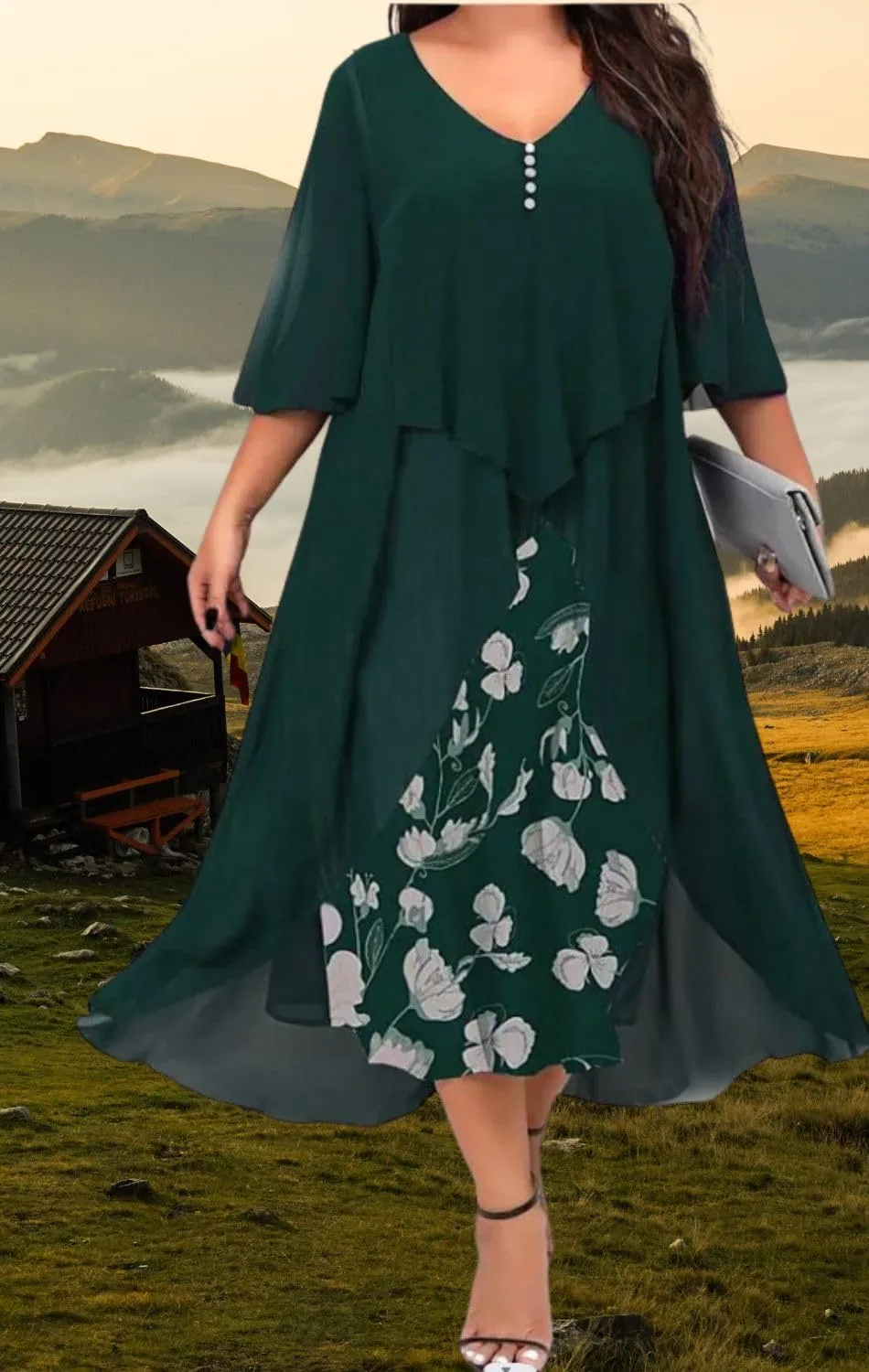 Women's 3/4 Sleeve Dating A Line Dress Business V Neck Sundress Sexy Loose Fit Midi Dress