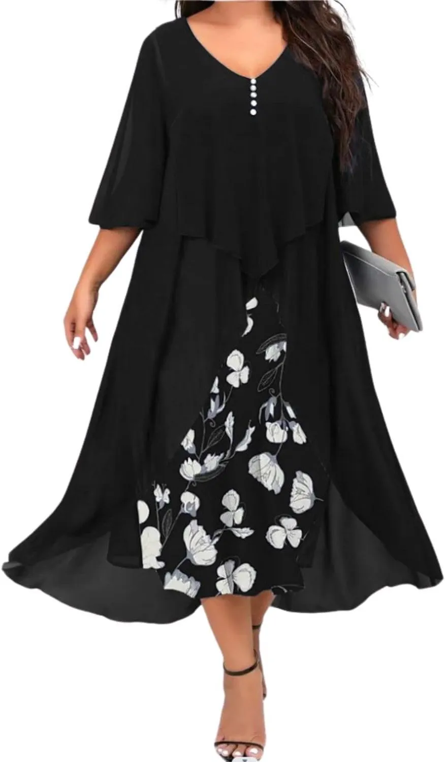 Women's 3/4 Sleeve Dating A Line Dress Business V Neck Sundress Sexy Loose Fit Midi Dress