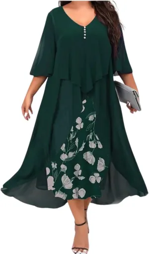 Women's 3/4 Sleeve Dating A Line Dress Business V Neck Sundress Sexy Loose Fit Midi Dress