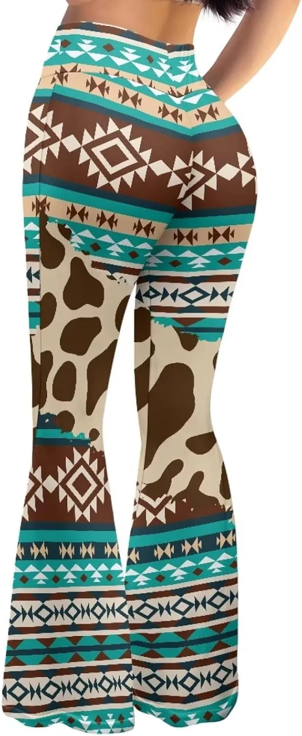 Women's 70S Yoga Pants Flare Ladies Hippie Flower Flared Leggings Athletic Leggings High Waisted Workout Pants