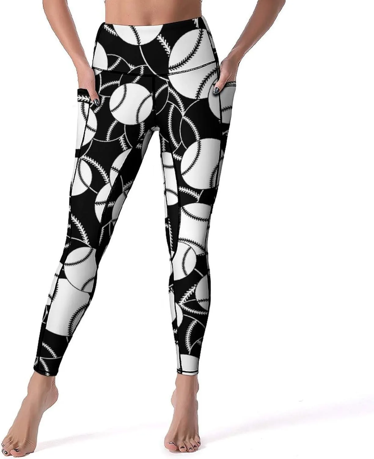 Women's Baseball High Waist Yoga Leggings with 2 Pockets Tummy Control Workout Yoga Pants