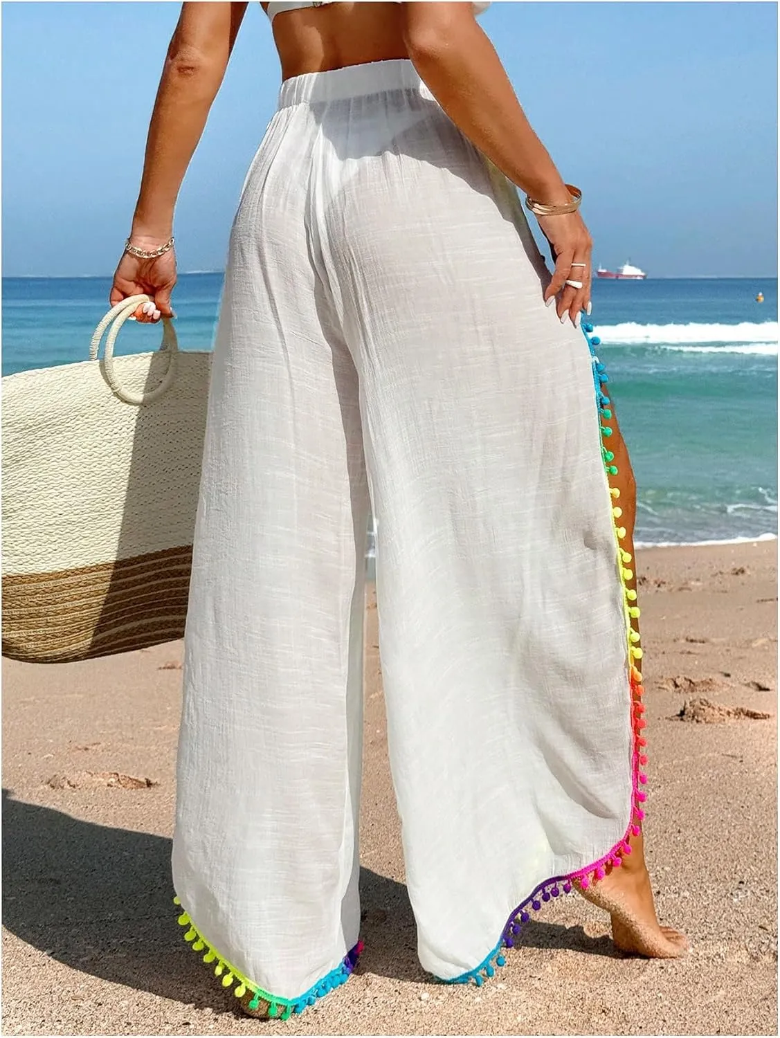 Women's Bathing Suit Cover Up Pants Split Sheer Flowy Beach Elastic Waist Wide Leg Swimsuit Pants