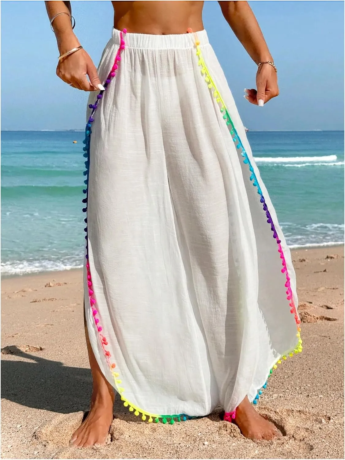 Women's Bathing Suit Cover Up Pants Split Sheer Flowy Beach Elastic Waist Wide Leg Swimsuit Pants