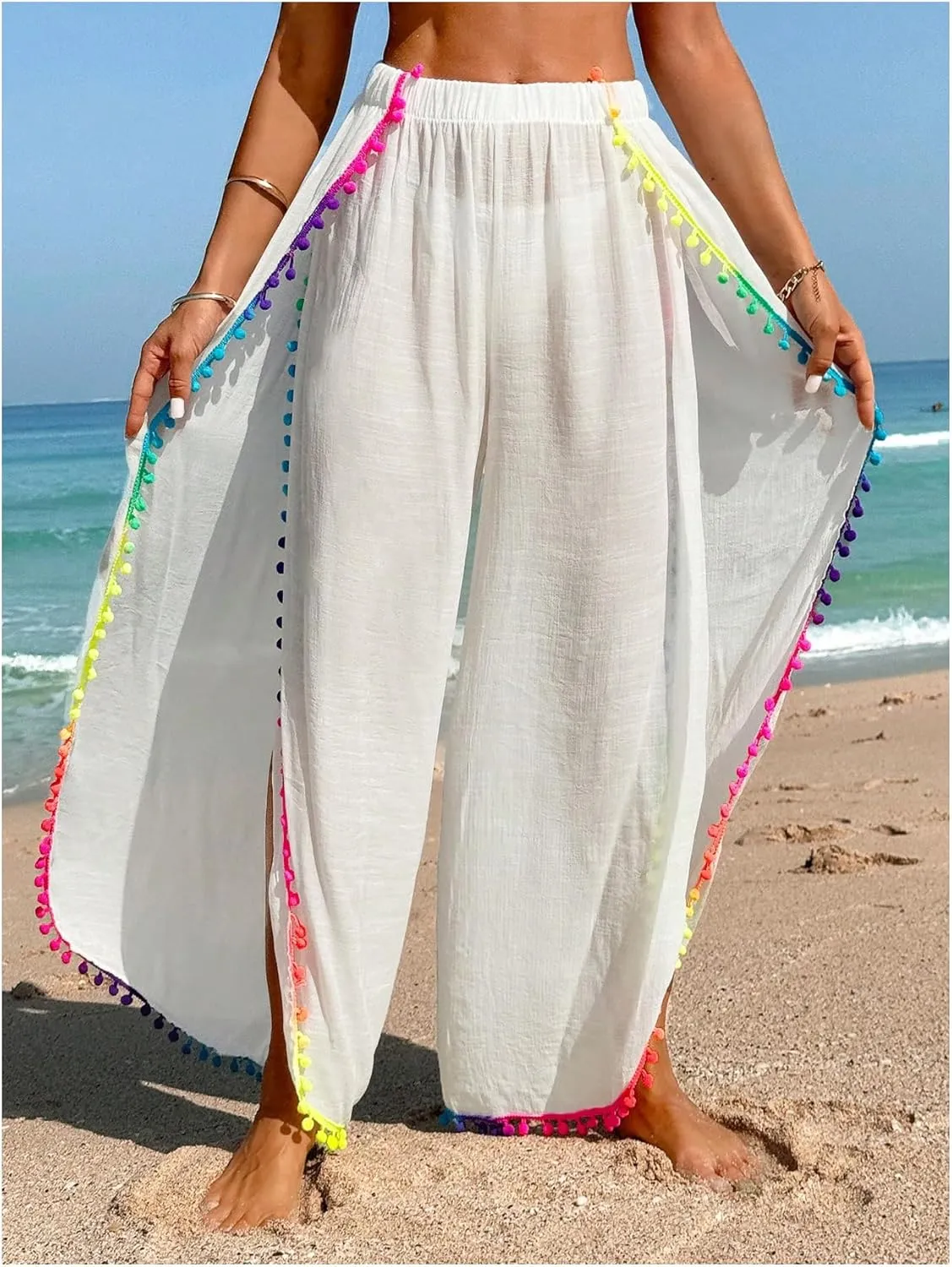 Women's Bathing Suit Cover Up Pants Split Sheer Flowy Beach Elastic Waist Wide Leg Swimsuit Pants