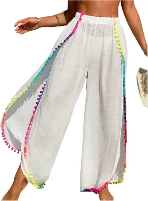 Women's Bathing Suit Cover Up Pants Split Sheer Flowy Beach Elastic Waist Wide Leg Swimsuit Pants