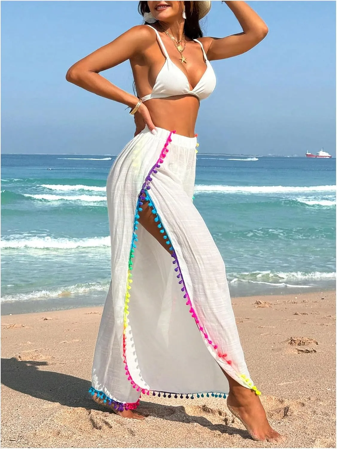Women's Bathing Suit Cover Up Pants Split Sheer Flowy Beach Elastic Waist Wide Leg Swimsuit Pants