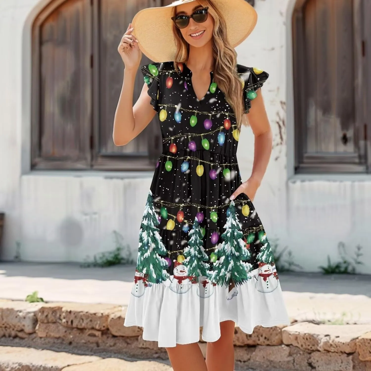 Women's Casual Summer Ruffle Sleeve Dress Loose Sleeveless V Neck Flowy Tiered Vacation Sundress