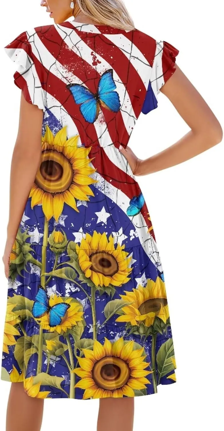 Women's Dresses V Collar Ruffle Sleeve Summer Flowy Dress Sleeveless Elegant Sundress Loose