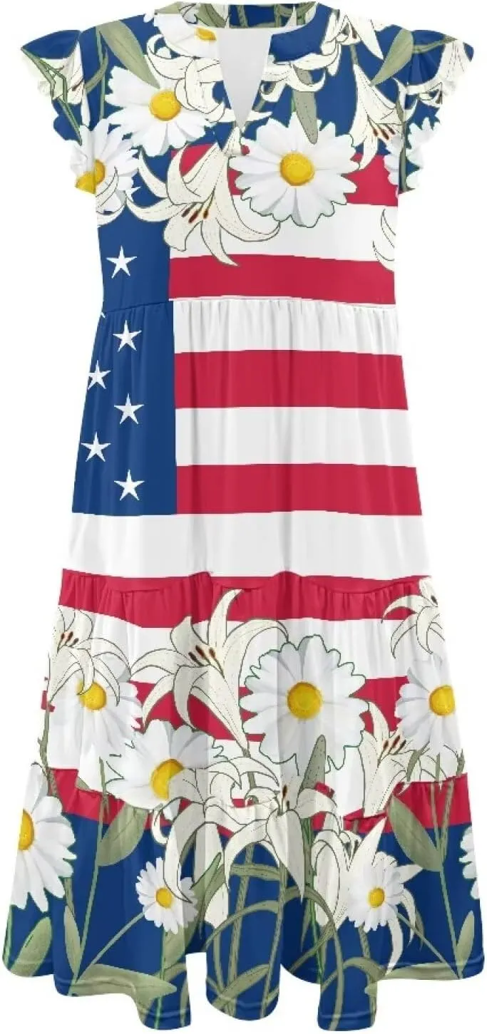 Women's Dresses V Collar Ruffle Sleeve Summer Flowy Dress Sleeveless Elegant Sundress Loose