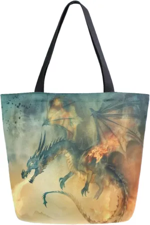 Womens Extra Large Canvas Shoulder Grocery Tote Bag, Fantasy Flying Dragon Spitting Fire Durable Daily Handle Bag for Gym Yoga Weekender Picnic Beach Travel Kitchen Reusable Market Shopping