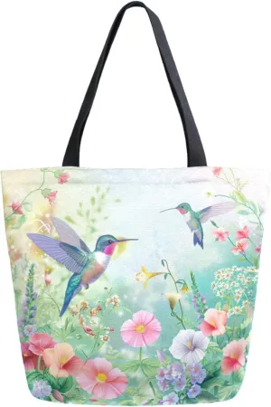 Womens Extra Large Canvas Shoulder Grocery Tote Bag, Sping Wild Flowers Two Hummingbird Durable Daily Handle Bag for Gym Yoga Weekender Picnic Beach Travel Kitchen Reusable Market Shopping