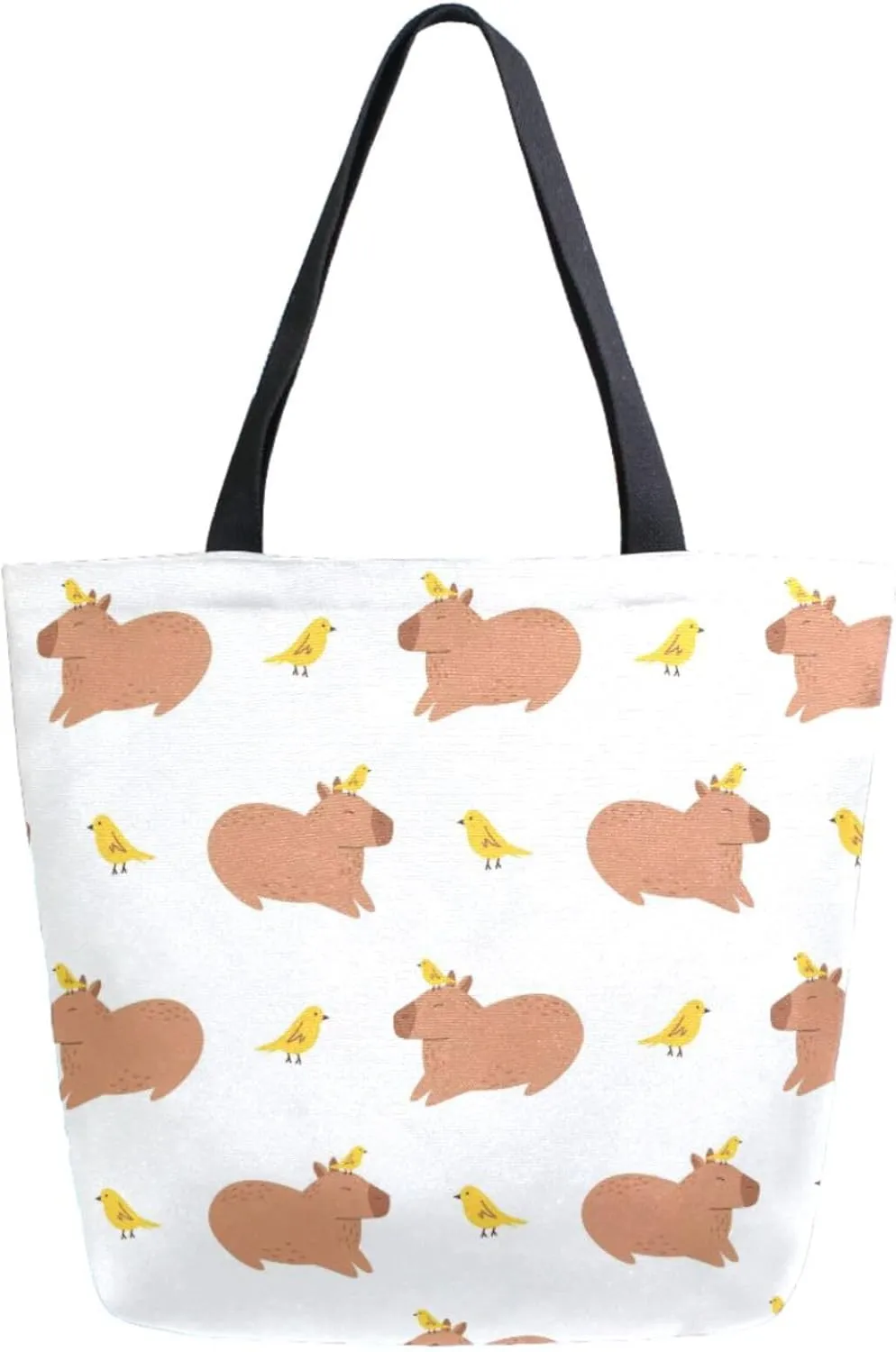 Womens Extra Large Shoulder Grocery Tote Bag, Funny Capybaras Birds Floral Canvas Durable Daily Handle Bag Reusable for Gym Yoga Weekender Picnic Beach Travel Kitchen Market Shopping