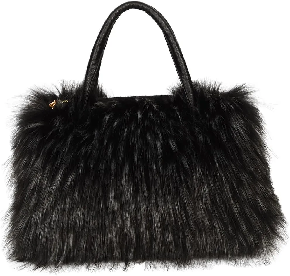 Women's Furry Shoulder Handbags Faux Fur Work Tote Bag for Women Fluffy Satchel Handbags Wristlet Zipper Purses