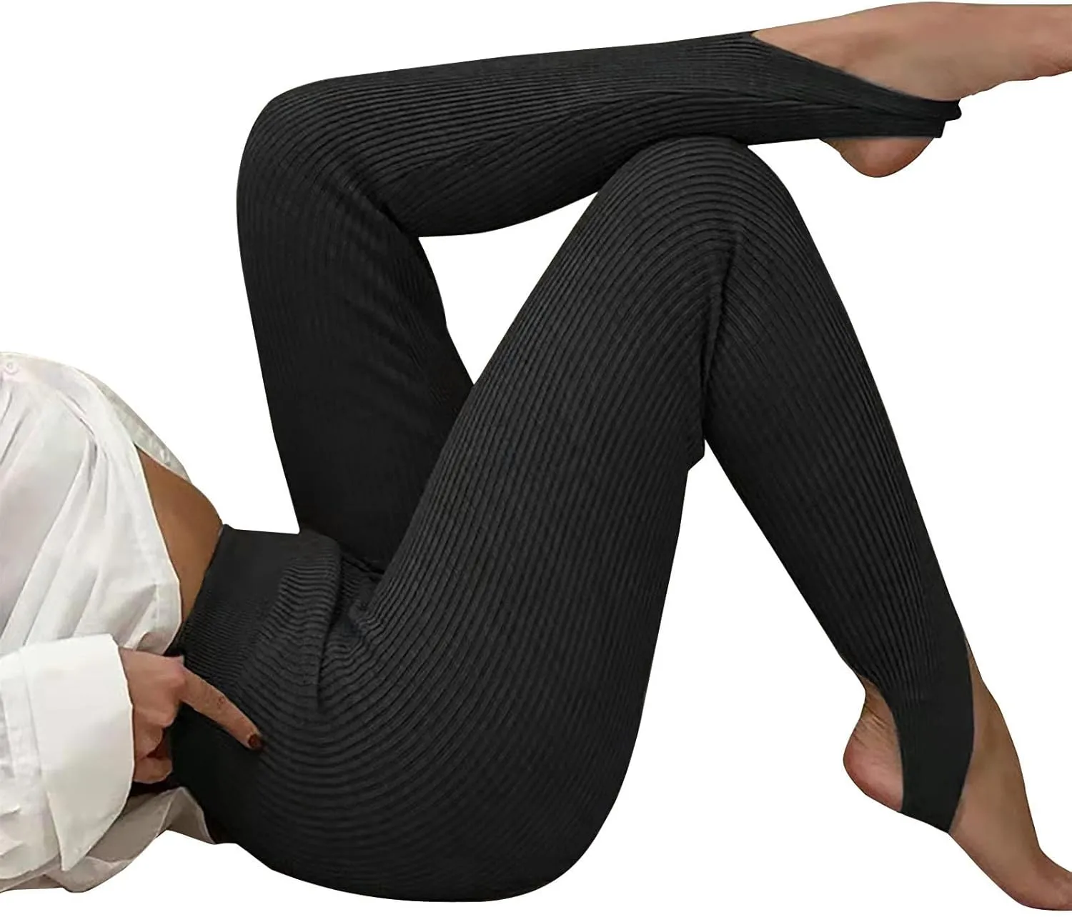 Women's High Waist Knit Yoga Stirrup Leggings Trendy Tummy Control Stretch Gym Trouser Workout Running Tights Pants