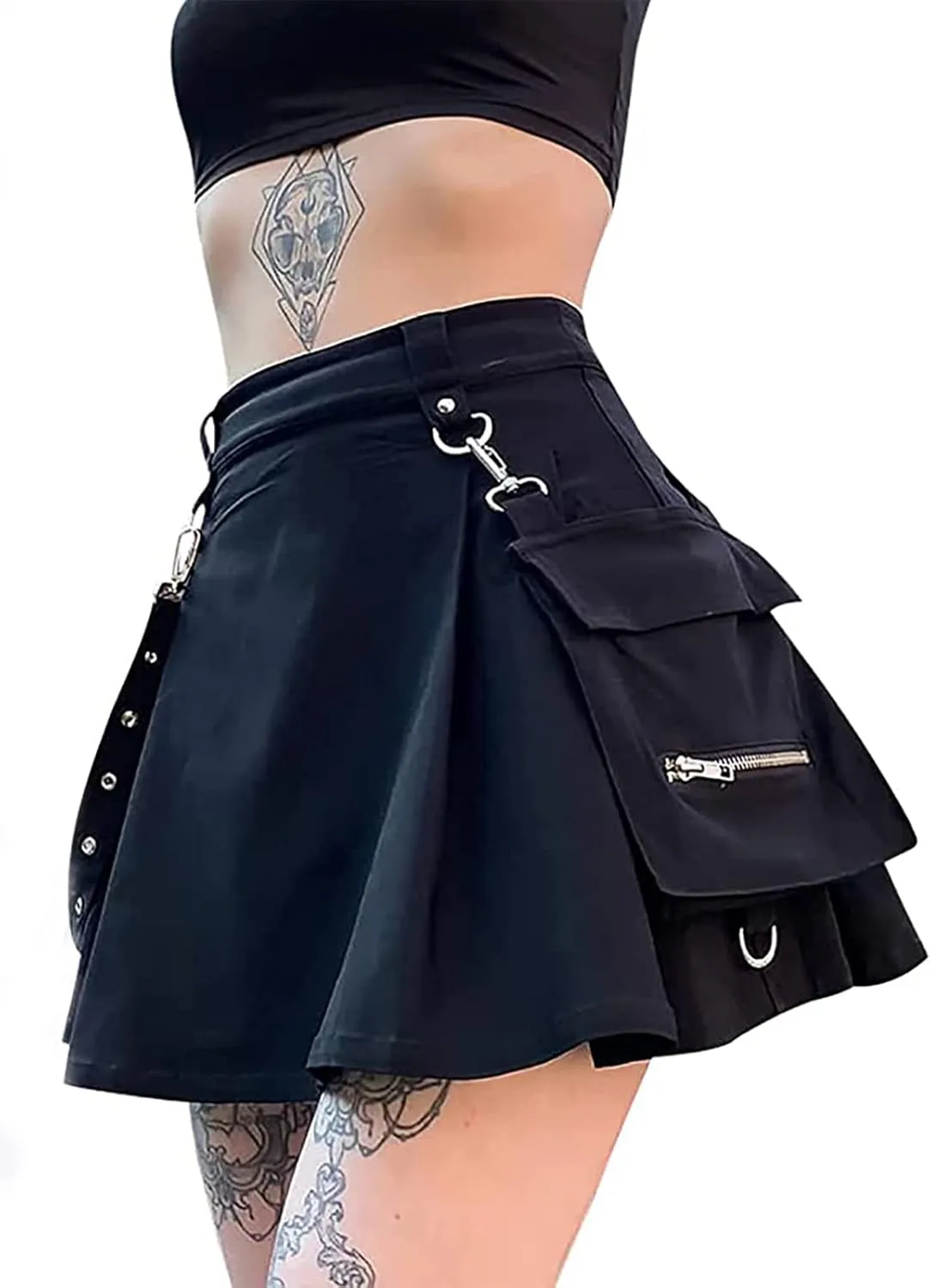 Womens High Waisted Goth Skirt Black Mini Skirts with Chain Short A-line Pleated School Tennis Dress