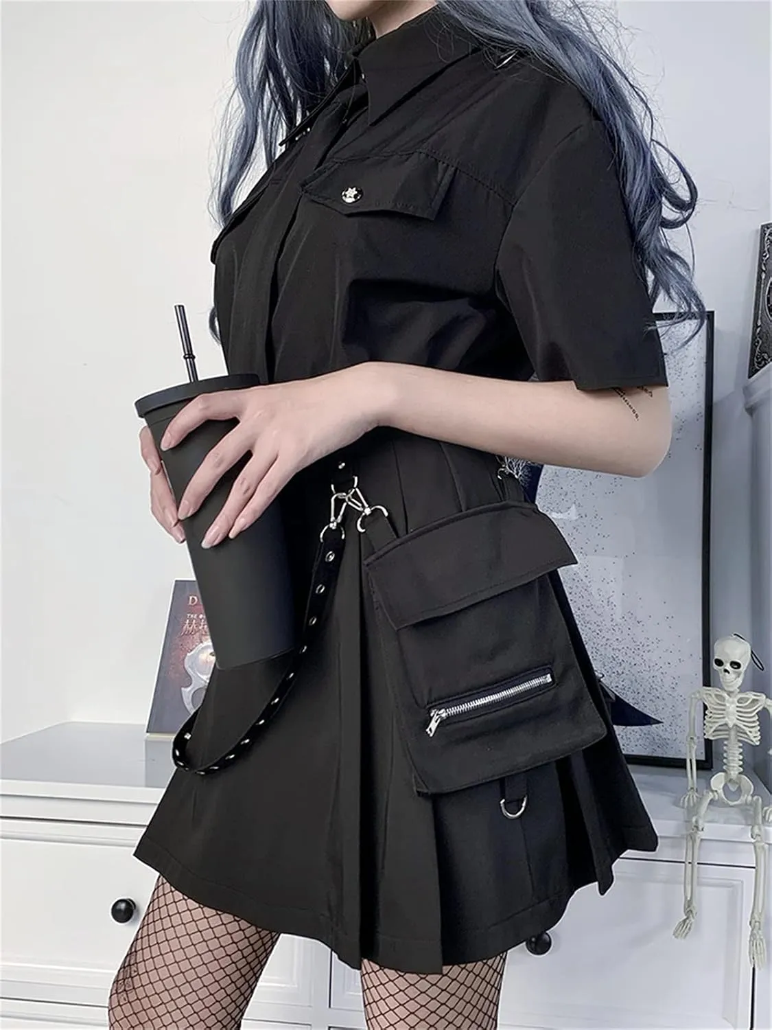 Womens High Waisted Goth Skirt Black Mini Skirts with Chain Short A-line Pleated School Tennis Dress
