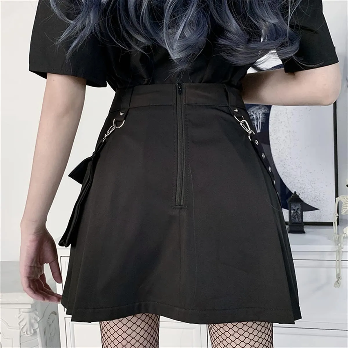 Womens High Waisted Goth Skirt Black Mini Skirts with Chain Short A-line Pleated School Tennis Dress