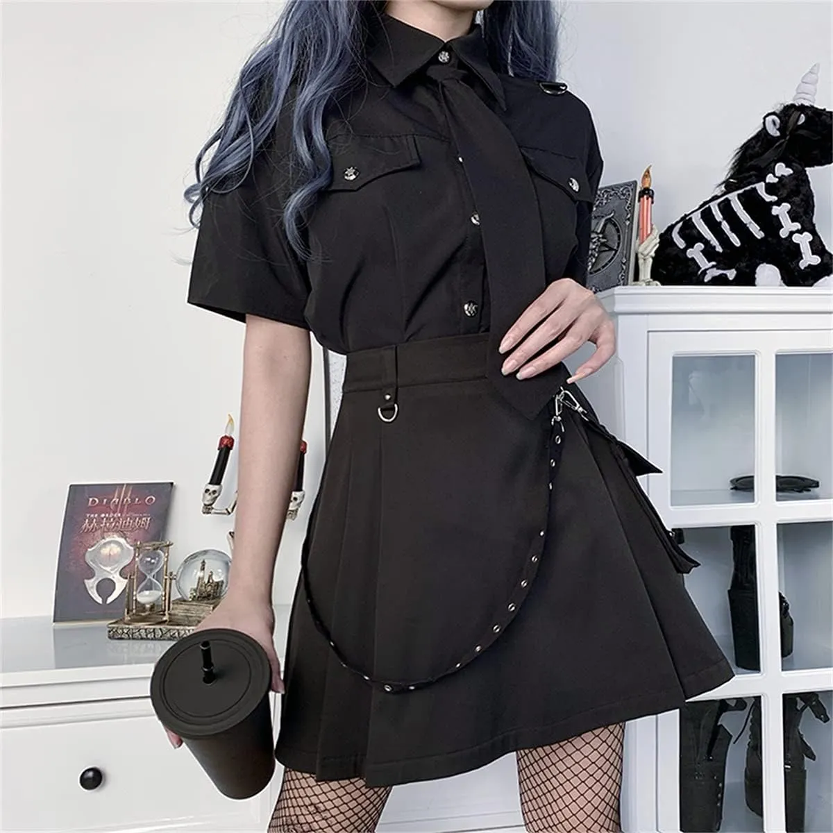 Womens High Waisted Goth Skirt Black Mini Skirts with Chain Short A-line Pleated School Tennis Dress